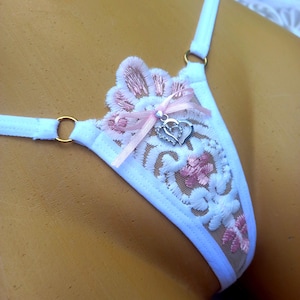 White Pink Lace Thong - Sheer Floral Panty with Satin Bow - Heart Rhinestone Strap - Sexy Romantic Lingerie Gift