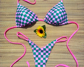 Pink Green Checkered Bikini Triangle Top & Seamless Thong Bottom High Cut Adjustable Swimsuit Retro Sexy Swimwear