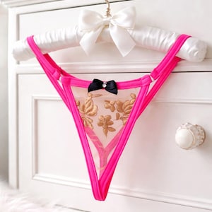 Schiere Blumenspitze String Tanga | Neon Pinke Träger | Spitzendessous