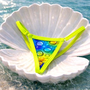 Blauwgele microkatoenen string met luchtbellenprint | Leuke lingerie