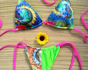 Neon Abstrakt Neon Bikini Set - Pink Tie Triangle Badeanzug - Abnehmbares, gepolstertes Top