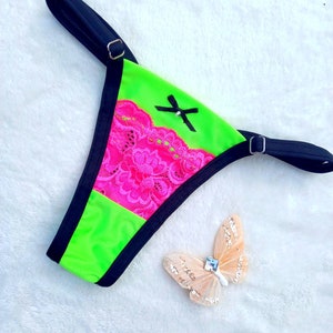 Neon green-hot pink lace micro string thong