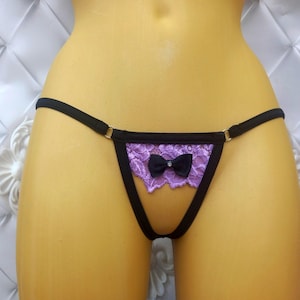 Open Front Purple Lace Thong – Black Straps, Satin Bow & Sparkle