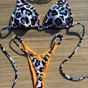 Neon Ocelot Print High Cut Thong Bikini – Seamless Triangle Top – Removable Padding – Sexy Handmade Swimwear