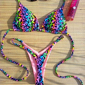Neon Ocelot Print High Cut Thong Bikini – Seamless Triangle Top – Removable Padding – Sexy Handmade Swimwear
