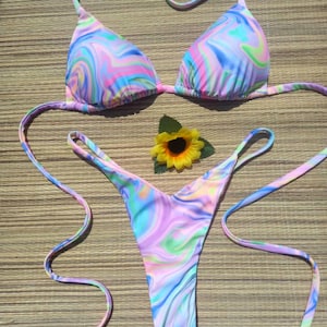 Marble Print Thong Bikini Set – Triangle Top & High Cut Seamless Bottom | Removable Padding