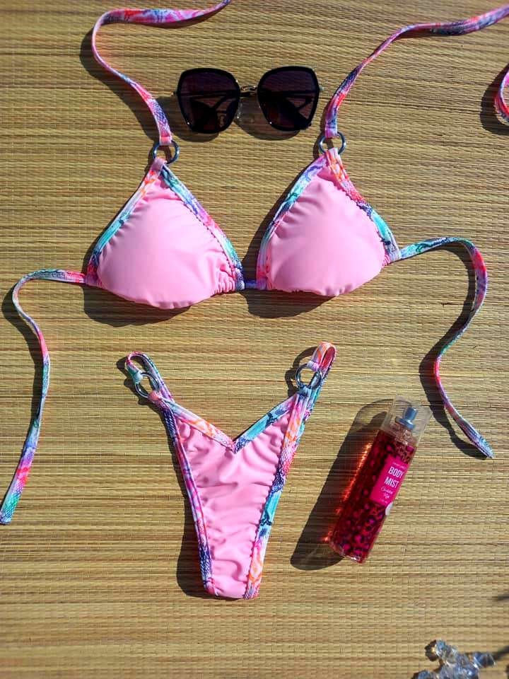 Light Pink-neon Snake Pattern High Cut Thong Bikini Set