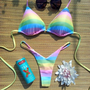 Rainbow Striped Thong Bikini Set – High Cut Seamless Triangle Swimsuit with Removable Padding