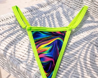 Neon Marble Micro String Thong | Yellow Strap Panties | Abstract Print Lingerie