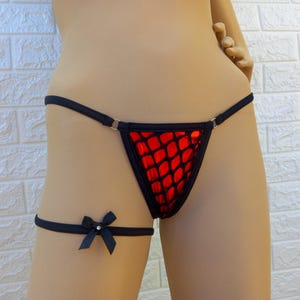 Red Metallic Holographic Thong – Black Fishnet & Strappy Panties – Gift Leg Garter - Sexy Handmade Exotic Lingerie