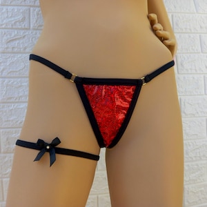 Red Holographic Thong – Black Strappy Shiny Lingerie – Sexy Handmade Festival Panties – Gift Leg Garter - Exotic Minimalist Underwear