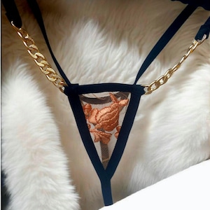 Micro Luxury Brown Floral Tulle String Thong – Sheer Lace String with Gold Chain