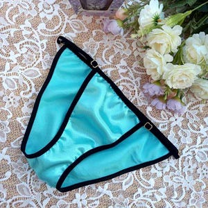 Light Blue Satin Panties – Black Adjustable Straps – Handmade Soft & Sexy Lingerie – Minimalist Underwear