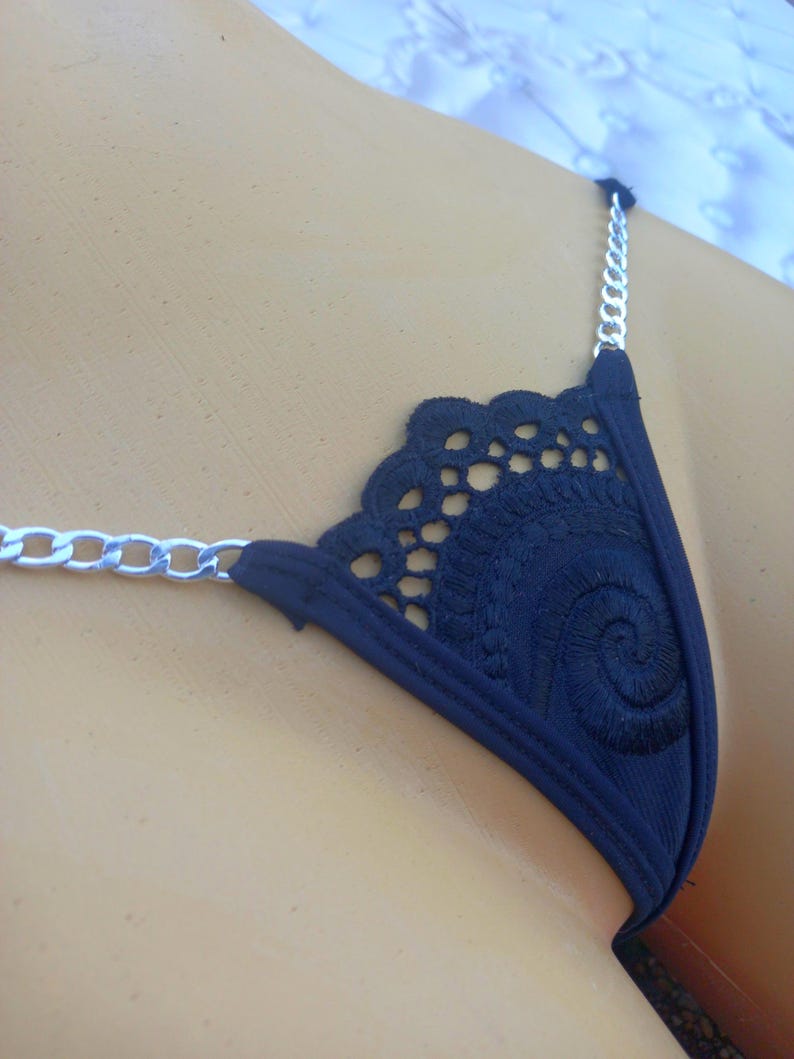 Snug String Black Satin Lace Extreme Mini String Thong – Silver Chain Lingerie - Etsy