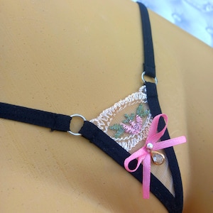 Floral Micro Thong - Sheer Tulle Panty - Beige Lace Lingerie with Pink Satin Bow & Teardrop Gem - Sexy Extreme G-String