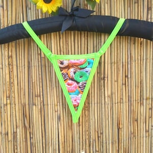 Donut Print Thong – Cotton Panty – Neon Green Straps – Fun & Comfy Lingerie