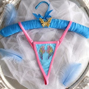 May include: A light blue thong with pink trim and an embroidered pair of multicolored wings on the front. The garment is suspended from a padded blue satin hanger featuring a gold butterfly ornament and a blue ribbon tied at the hook.