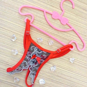 Floral Lace Open-Front Thong – Red Adjustable Straps