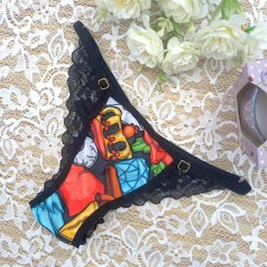 Halloween Print Panty – Black Lace Back Lingerie – Adjustable Strap Spooky Underwear