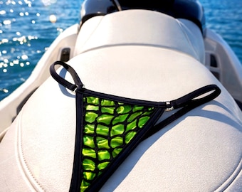 Groen metallic visnetstringstring, glanzende microstring, minimaal ondergoed, rave festivallingerie