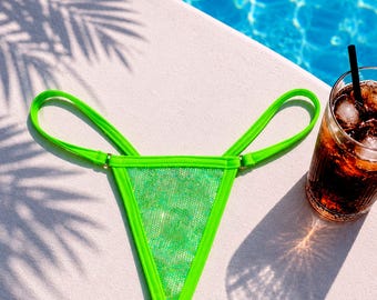 Neon Green Holographic Micro String Thong Festival Rave Bikini Bottom