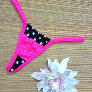 Cotton string thong with hot pink lace Polka dots lingerie