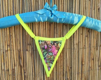 Neon Snake Print String Thong - High Cut Neon Yellow Straps - Vibrant Exotic Lingerie