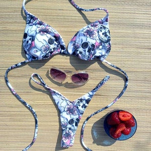 Black - White Skull Print Thong Bikini – Triangle Top & High-Cut Bottom