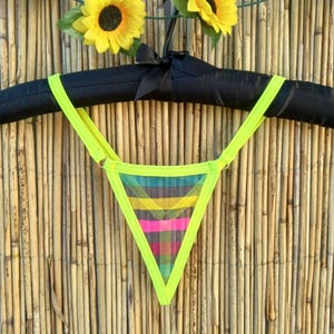 Sheer Stripe Neon Yellow Thong – Transparent Mesh G-String Panties – Sexy Minimal Lingerie for Women