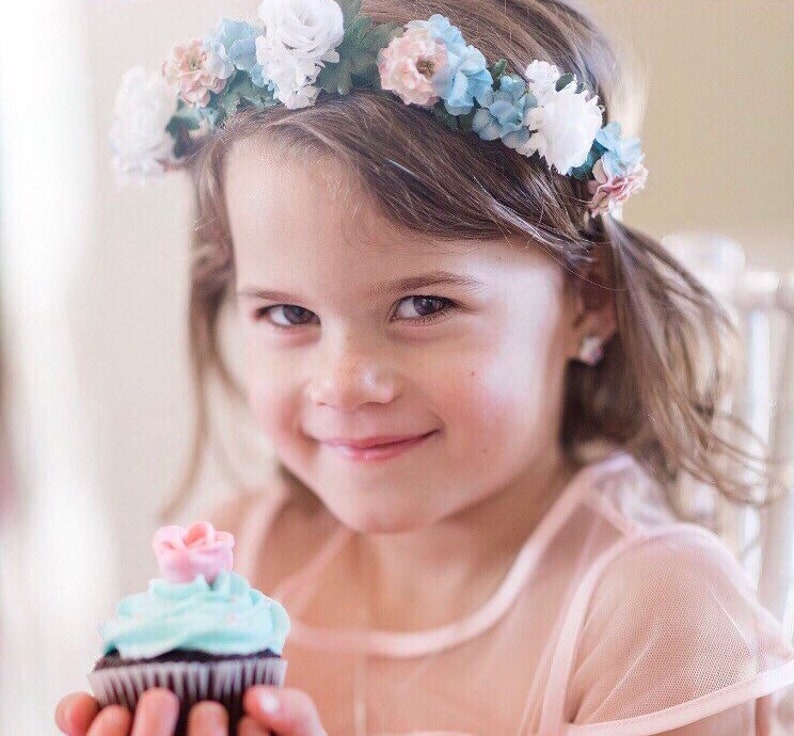 flower girl birthday wedding Blue and blush pink flower crown
