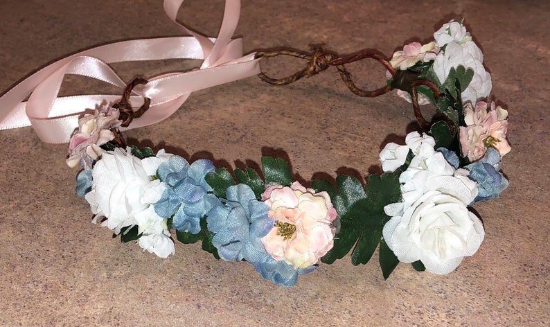 flower girl birthday wedding Blue and blush pink flower crown