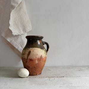Turkish Antique Oil Storage Vessel, Green Terracotta Stoneware Vintage Jar, Kitchen Earthenware