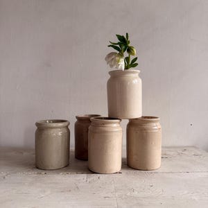 May include: Five antique stoneware jars in shades of beige and brown. One jar is topped with a sprig of white flowers. The jars are arranged on a weathered, light-coloured wooden surface, creating a rustic aesthetic.