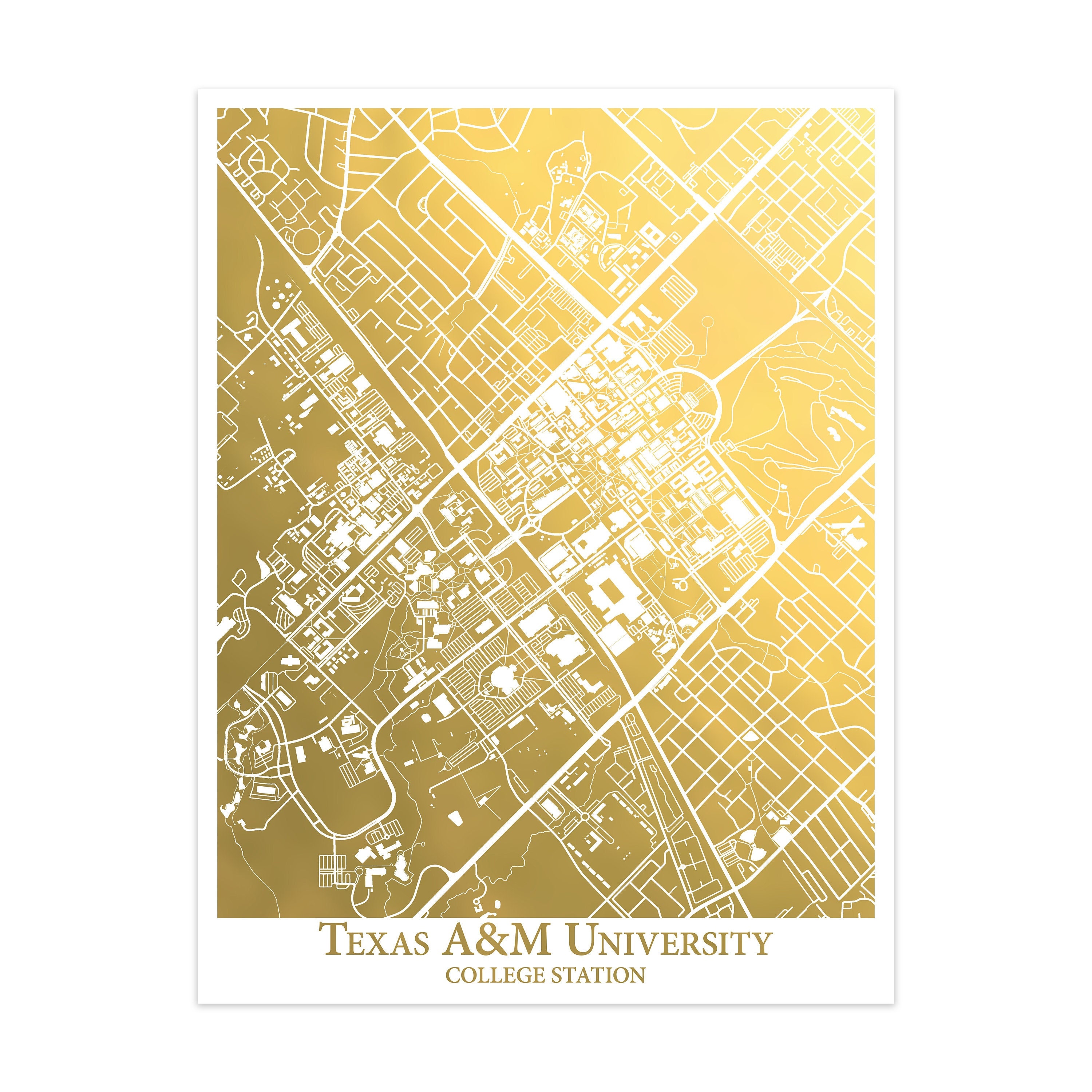 Campus Map of Texas A&amp;M University Gold Foil Print Texas AM - Etsy