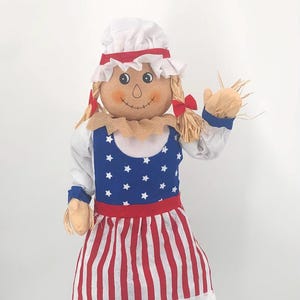 60&quot; Large Sitting Scarecrow Mrs. Uncle Sam Patriotic Americana Fall Decoration