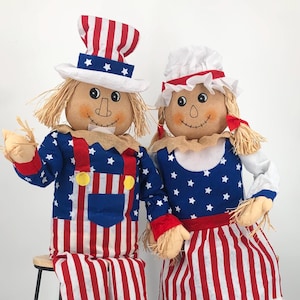 60&quot; Large Sitting Scarecrow Couple Pair Uncle Sam Patriotic Fall Decorations