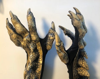 Golden Gold Dragon Claws Hands Adult Halloween Hand Made USA Costume Gloves