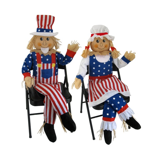 60" Large Sitting Scarecrow Couple Pair Uncle Sam Patriotic Fall Decorations