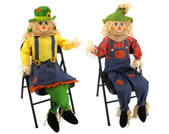 63"& 60" Large Sitting Scarecrow Couple Pair Fall Harvest Decorations