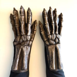 May include: A pair of costume gloves designed to resemble skeletal hands. The gloves are primarily brown with silver highlights, and the wrist area is covered with black fabric. The fingers are articulated and detailed.