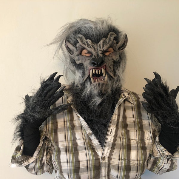 Werwolf-Kostüm, grauer Wolf, Maske für Erwachsene, Halsband und Handschuhe mit Klauenhänden