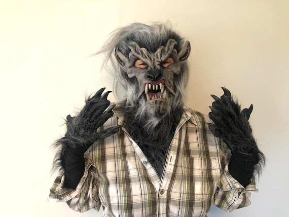 Costume da lupo mannaro, lupo grigio, maschera, collare e guanti