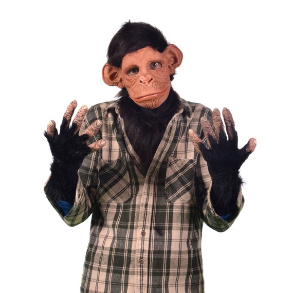 Chimpanzee Costume Ape Monkey Chimp Mask Gloves Fur Collar Chest Adult  Halloween Costume 
