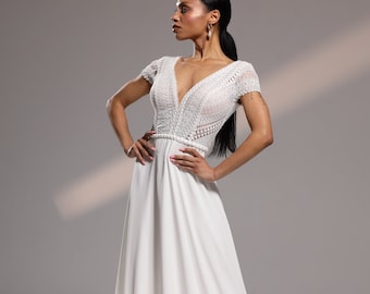 Minimalist Ivory Wedding Dress Berenis - Bestseller Boho Gown with Butterfly Sleeves/boho wedding dress,simple wedding dress,