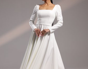 Simple wedding dress Karoline,ivory wedding dress, modest wedding dress, square neckline,  midi wedding dress, casual wedding dress,