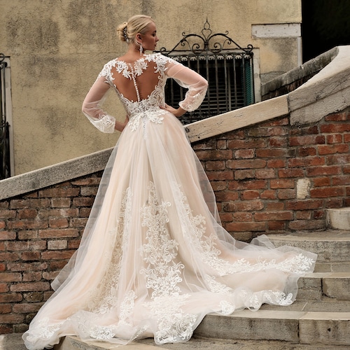Champagne Wedding Dress Long Sleeve 