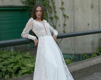 French Lace Wedding Dress, Chiffon Wedding Dress, Long Sleeve Wedding Dress, Deep Plunging Neckline, Boho Wedding Dress, Long Bridal Gown