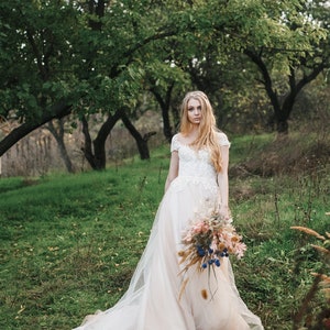 Champagne Wedding Dress, Short Sleeve Wedding Dress, Long Train Wedding Dress, Lace Wedding Dress, Unique Wedding Dress, Boho Wedding Dress