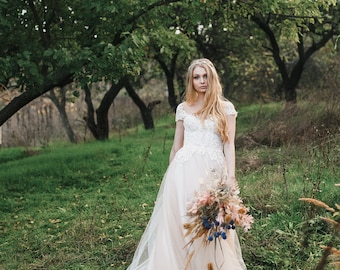 Champagne Wedding Dress, Short Sleeve Wedding Dress, Long Train Wedding Dress, Lace Wedding Dress, Unique Wedding Dress, Boho Wedding Dress