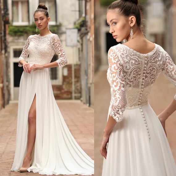 French Lace Wedding Dress, Chiffon Wedding Dress, Long Sleeve